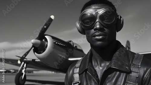 A Tuskegee Airman, wearing a leather flight jacket and aviator goggles, standing proudly in front of a P-51 Mustang fighter plane on an airstrip during World War II. Tuskegee Airman in front of a figh photo