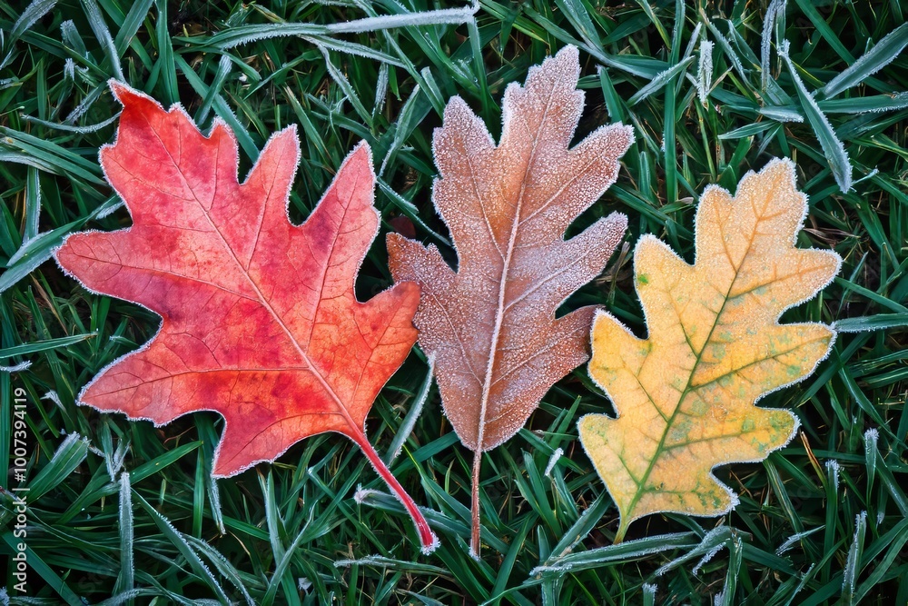 Three beautiful autumn maple leaves with frost along the edges on a frost-covered field Three beautiful autumn maple leaves with frost along the edges on a frost-covered field