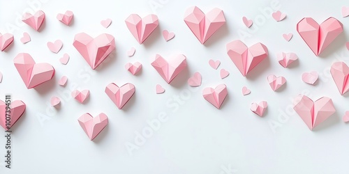 A minimalist, abstract design featuring geometric pink paper hearts scattered across a white background photo