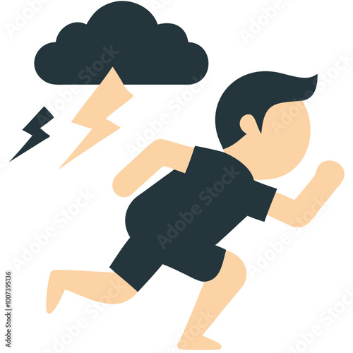  Running Person Escaping Stormy Cloud with Lightning Vector Illustration
