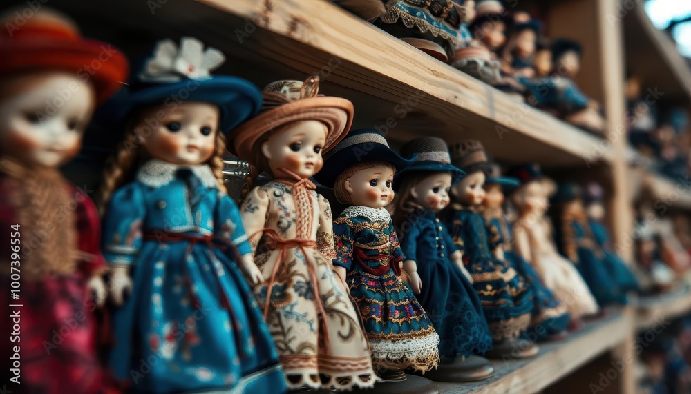Doll collection with intricate costumes, nostalgic and detailed, Vintage, Soft tones, Photograph, Childhood memories Doll collection with intricate costumes, nostalgic and detailed, Vintage, Soft tones, Photograph, Childhood memories