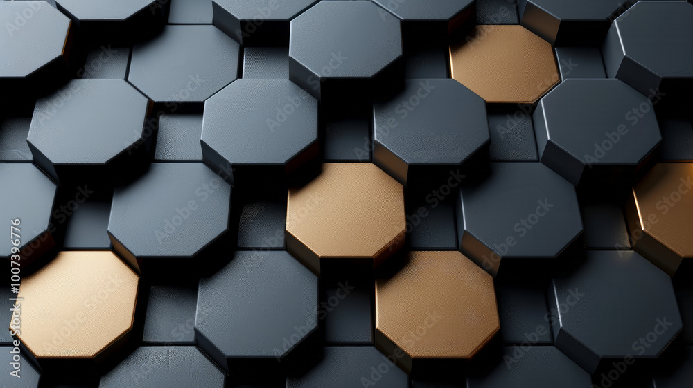 A close-up view showcasing an intricate arrangement of hexagonal tiles in black and gold, creating a geometric and contemporary aesthetic with a stylish visual appeal. A close-up view showcasing an intricate arrangement of hexagonal tiles in black and gold, creating a geometric and contemporary aesthetic with a stylish visual appeal.