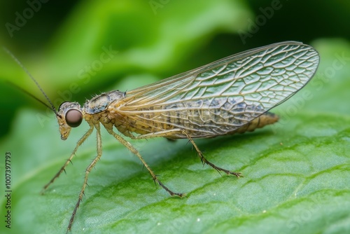 Close up of a tiny insect perched on a green leaf photo