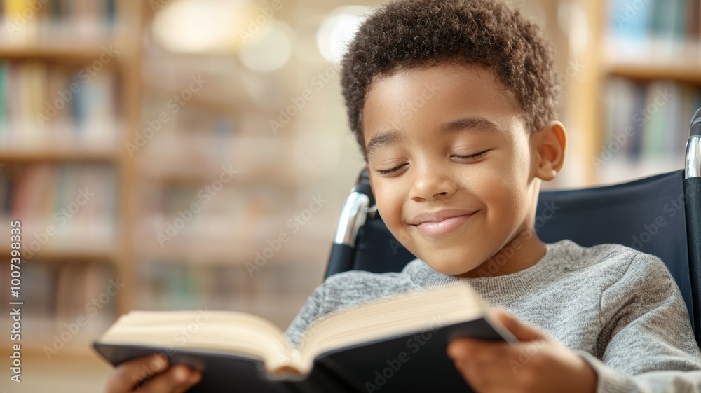 A young boy is sitting in a wheelchair and reading a book A young boy is sitting in a wheelchair and reading a book