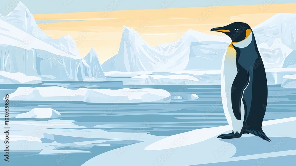 Obraz premium Penguin Paradise in Antarctica: Charming Wildlife Illustration with Icebergs