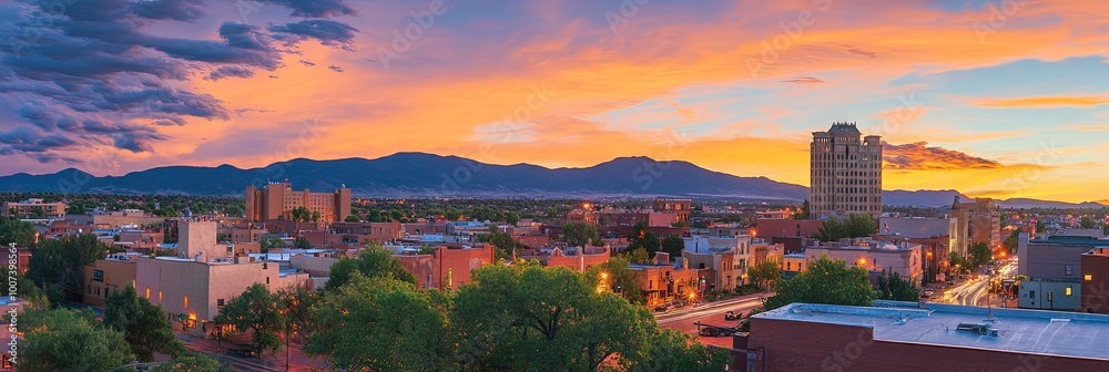 Fototapeta premium city of santa fe new mexico, traditional pueblo and spaniard architecture, skyline of city, sunset