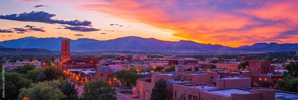 Obraz premium city of santa fe new mexico, traditional pueblo and spaniard architecture, skyline of city, sunset 