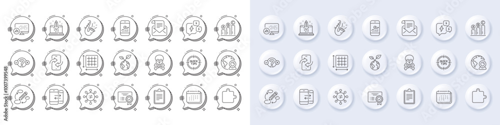 Graph chart, Tips and Calendar line icons. White pin 3d buttons, chat bubbles icons. Pack of Discrimination, Square area, Clipboard icon. Vector Graph chart, Tips and Calendar line icons. White pin 3d buttons, chat bubbles icons. Pack of Discrimination, Square area, Clipboard icon. Vector