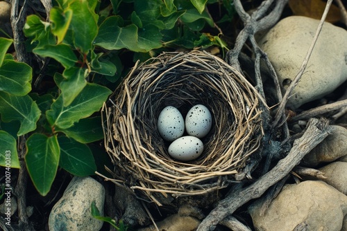 A nest of Hartlaub's Gulls with two speckled brown eggs. photo