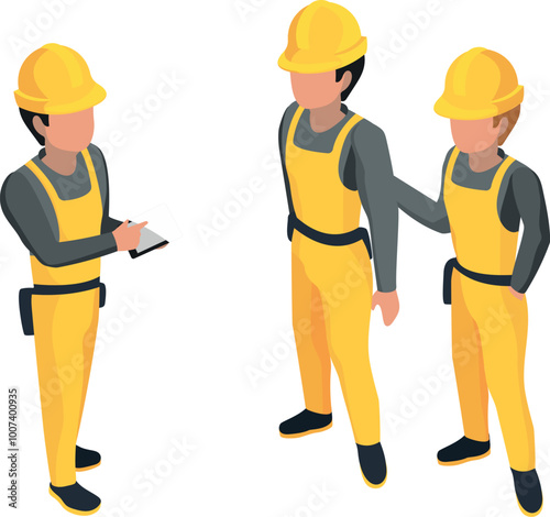 Engineers talking. Teamwork isometric icon. Working characters
