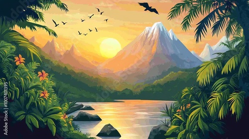 A beautiful illustration shows a mountain scene at sunset.  There's a river, lake, and jungle, with birds flying and the sun rising. photo