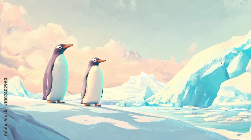 Fototapeta premium Arctic Elegance: Serene Penguin Illustration Amid Majestic Icebergs