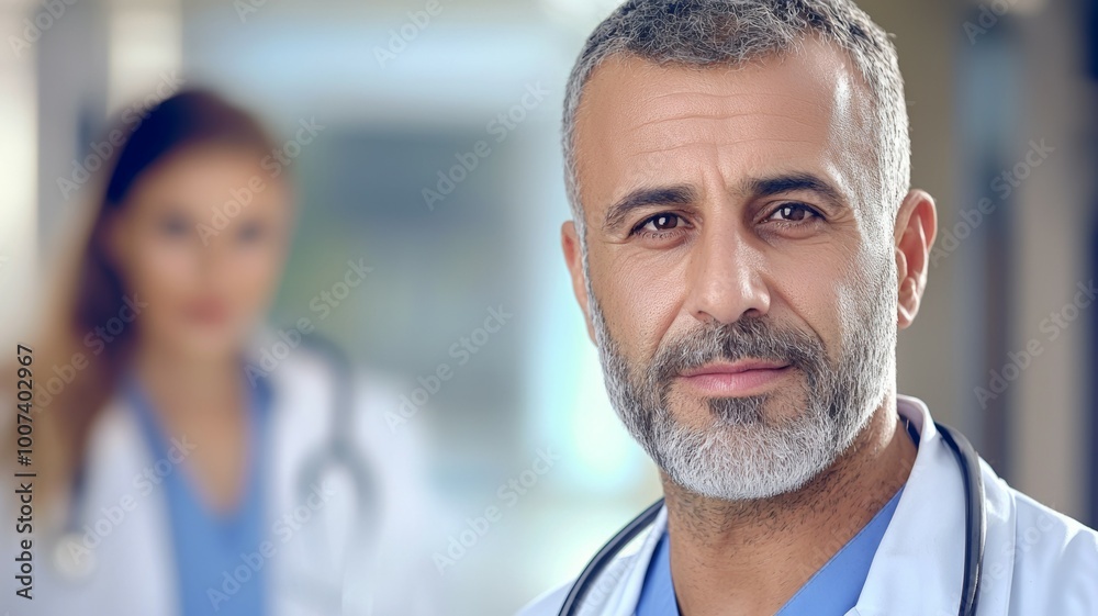 A man with a white coat and blue scrubs is standing in front of a woman A man with a white coat and blue scrubs is standing in front of a woman