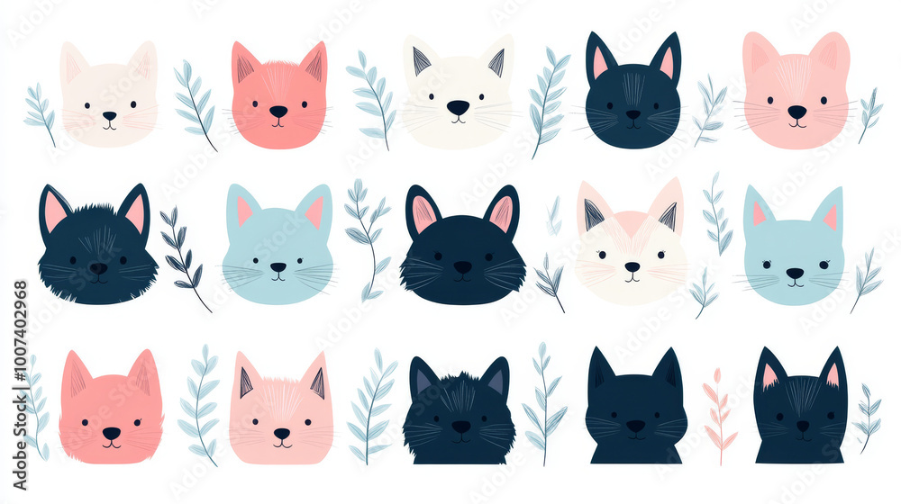 Cute cartoon cat faces in various colors. Cute cartoon cat faces in various colors.