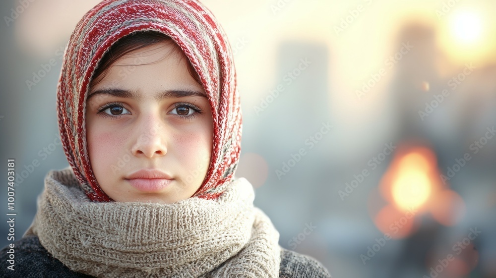 A young girl wearing a red scarf and a red head scarf A young girl wearing a red scarf and a red head scarf