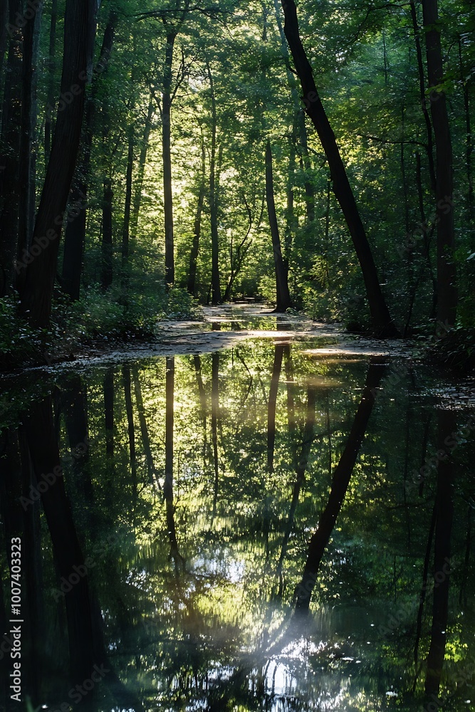 Fototapeta premium Tranquil forest stream with sun reflecting on water, perfect for nature background
