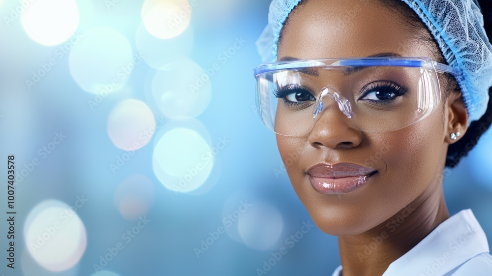 A woman wearing a white lab coat and blue plastic gloves A woman wearing a white lab coat and blue plastic gloves