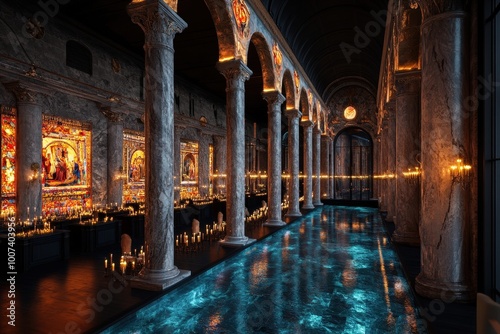 A grand hall features towering marble columns, intricate stained glass, and flickering candles, creating a serene and opulent atmosphere.