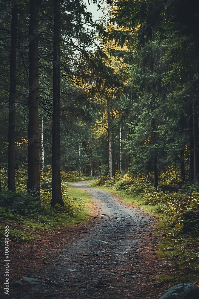 Fototapeta premium Sunlit path winding through lush green forest. A road less traveled, nature trail, natural beauty