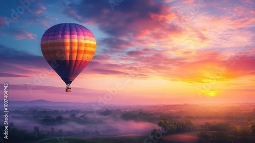 Dreamy Hot Air Balloon Journey at Sunrise - Print Template Illustration with Inspirational Landscape and Vibrant Colors