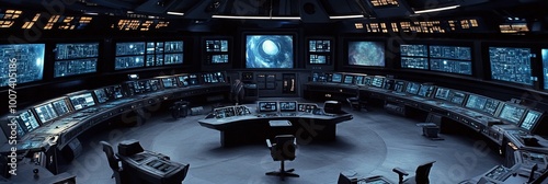 sprawling command center, lots of screens, desks with chairs