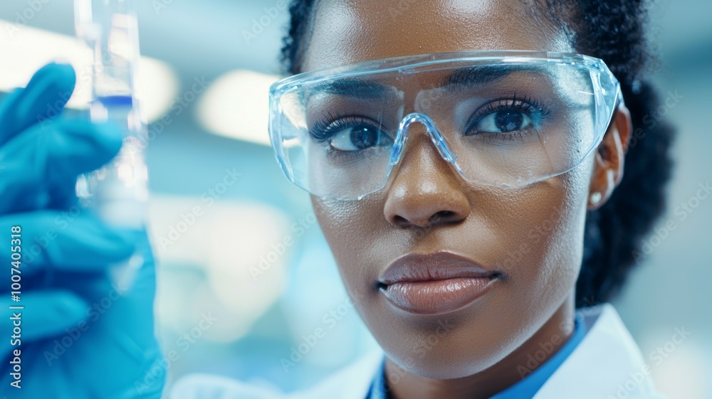A woman wearing a lab coat and safety goggles holding a test tube A woman wearing a lab coat and safety goggles holding a test tube