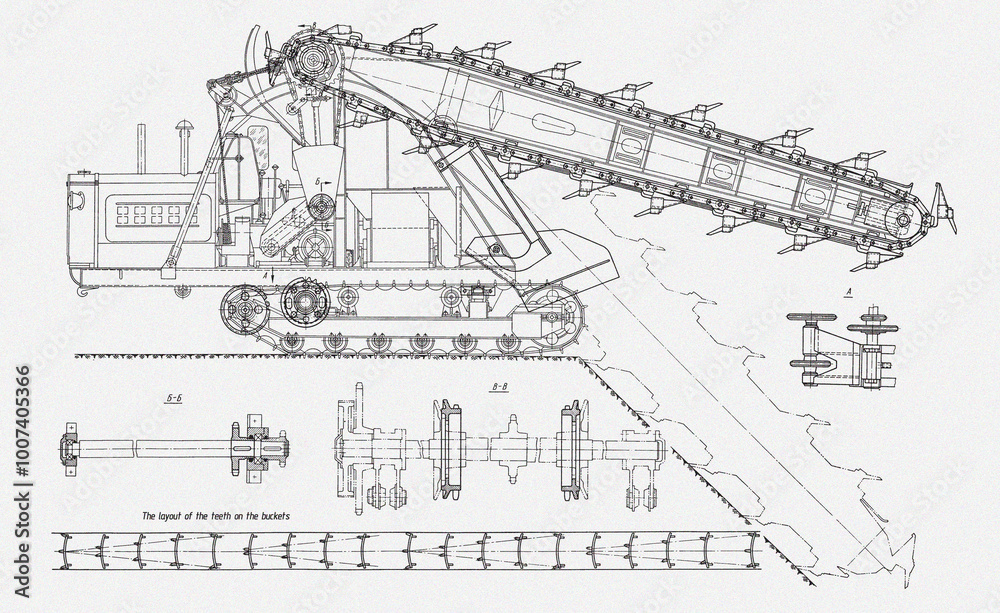 Obraz premium Bulldozer. Tracked (crawler) earthmoving machine. Technical drawing of tractor. Engineering mechanical pencil design of excavator. Industrial cad scheme on white paper sheet. Technology background.