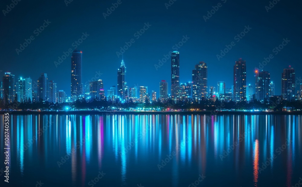 Fototapeta premium View of the high rise buildings lit up at night at Surfers Paradise across the water