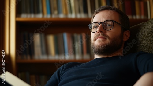 A man relaxing on a couch, reading a book in a cozy library filled with shelves of books and soft natural lighting.