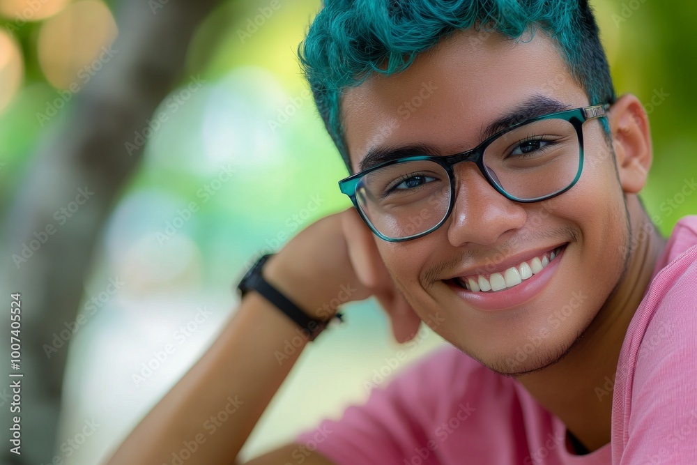 Angry African American man with blue dyed hair and chic glasses standing on the street and smiling at the camera Angry African American man with blue dyed hair and chic glasses standing on the street and smiling at the camera