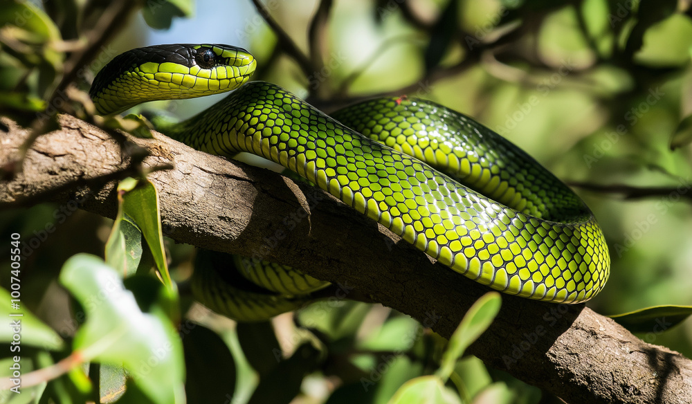 AI generator image of green Snake coiled up on a branch.snake’s bright green scales with black edging shimmer slightly in the dappled sunlight filtering through the leaves. AI generator image of green Snake coiled up on a branch.snake’s bright green scales with black edging shimmer slightly in the dappled sunlight filtering through the leaves.