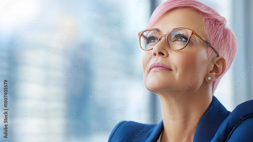 A woman with pink hair and glasses is looking out the window A woman with pink hair and glasses is looking out the window