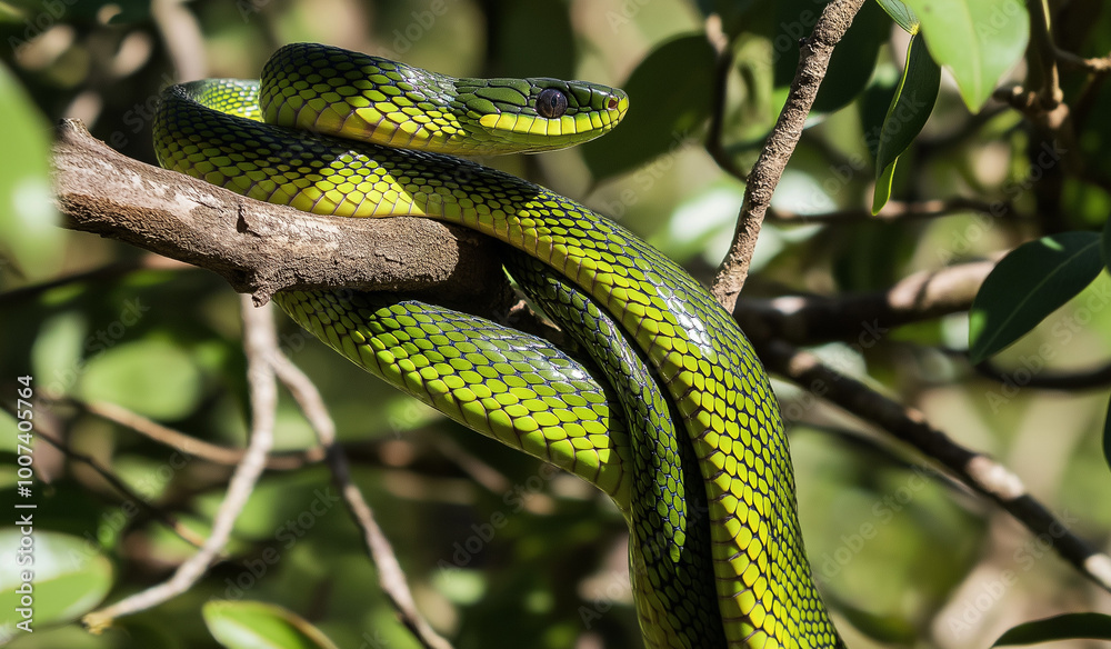 AI generator image of green Snake coiled up on a branch.snake’s bright green scales with black edging shimmer slightly in the dappled sunlight filtering through the leaves. AI generator image of green Snake coiled up on a branch.snake’s bright green scales with black edging shimmer slightly in the dappled sunlight filtering through the leaves.