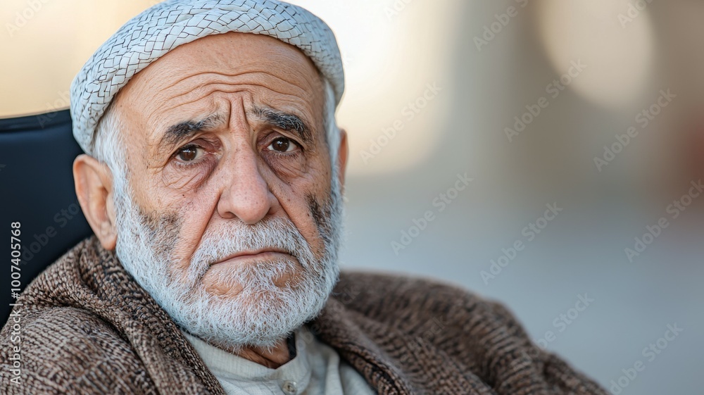 An old man with a white hat and beard is sitting in a chair An old man with a white hat and beard is sitting in a chair