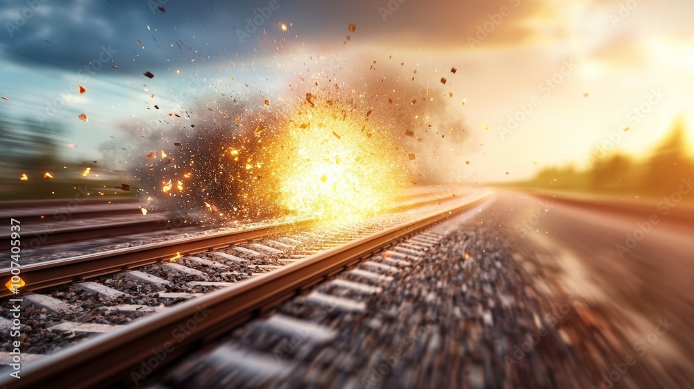 A train is on a track with a fire in the middle A train is on a track with a fire in the middle