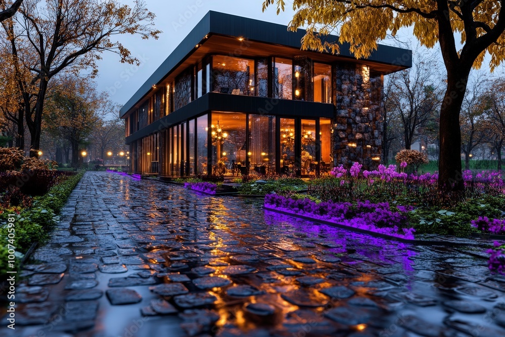 Fototapeta premium A modern house with large windows and a cobblestone pathway, surrounded by resplendent autumn foliage, exudes warmth and tranquility in an evening setting.