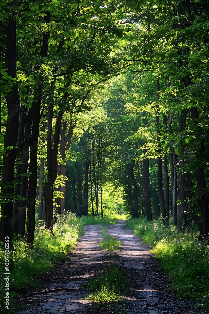 Fototapeta premium Sun rays shining through trees in a green forest. Woodland path, nature background, and scenery