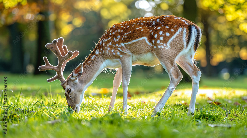 Majestic deer grazing in a meadow under the sunlight Majestic deer grazing in a meadow under the sunlight
