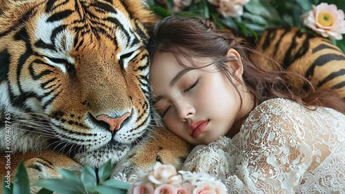 A young woman with long brown hair sleeps peacefully with her head resting on a tiger's back.