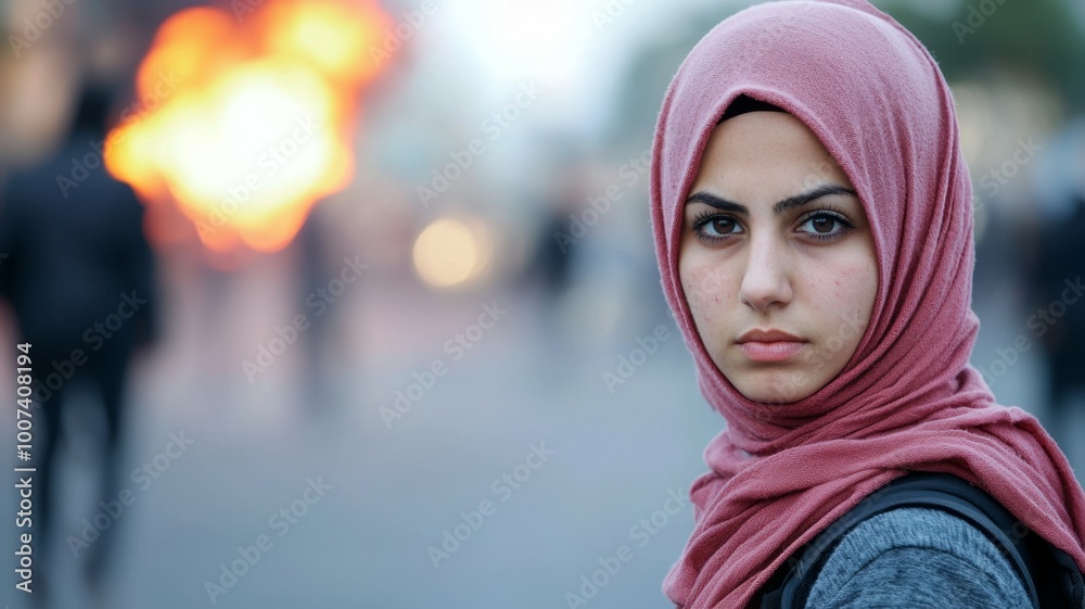 A woman wearing a pink scarf stands in front of a fire A woman wearing a pink scarf stands in front of a fire