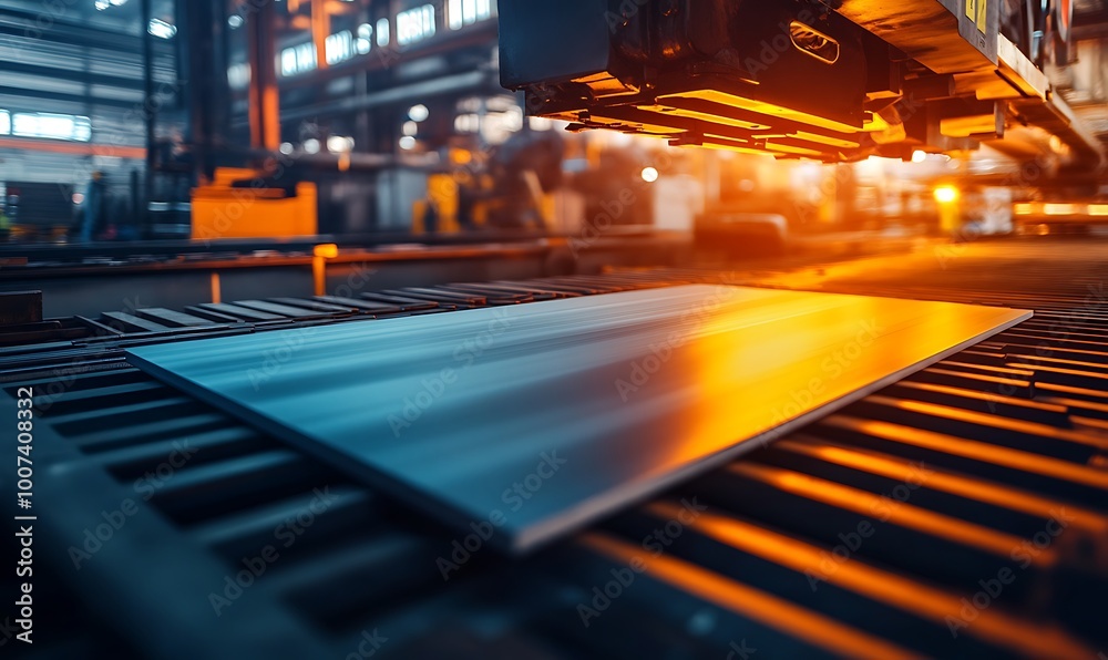Metal Sheet Moving on a Conveyor Belt in a Factory Metal Sheet Moving on a Conveyor Belt in a Factory