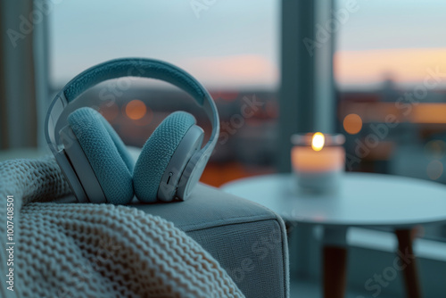 Cozy wireless headphones on a sofa with a knitted blanket, framed by sunset and city lights in a ketamine therapy room
