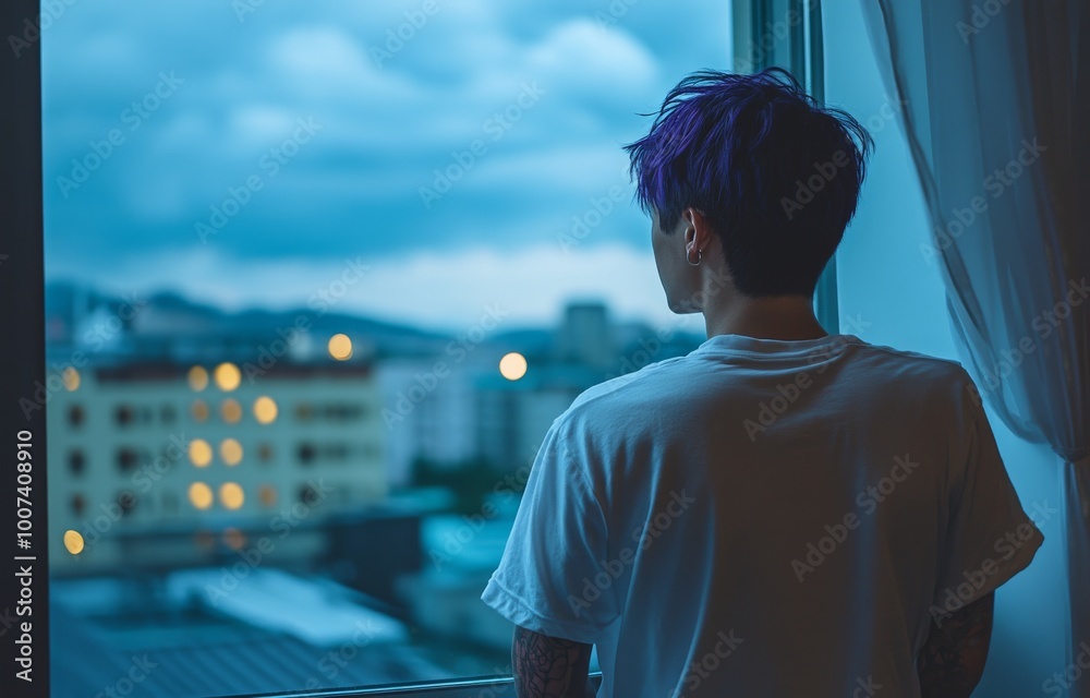 Fototapeta premium An androgyne woman with short violet colored hair is standing next to a window
