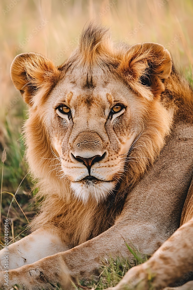 Close up Portrait of a Majestic Lion with a Focused Stare in the Wild Close up Portrait of a Majestic Lion with a Focused Stare in the Wild