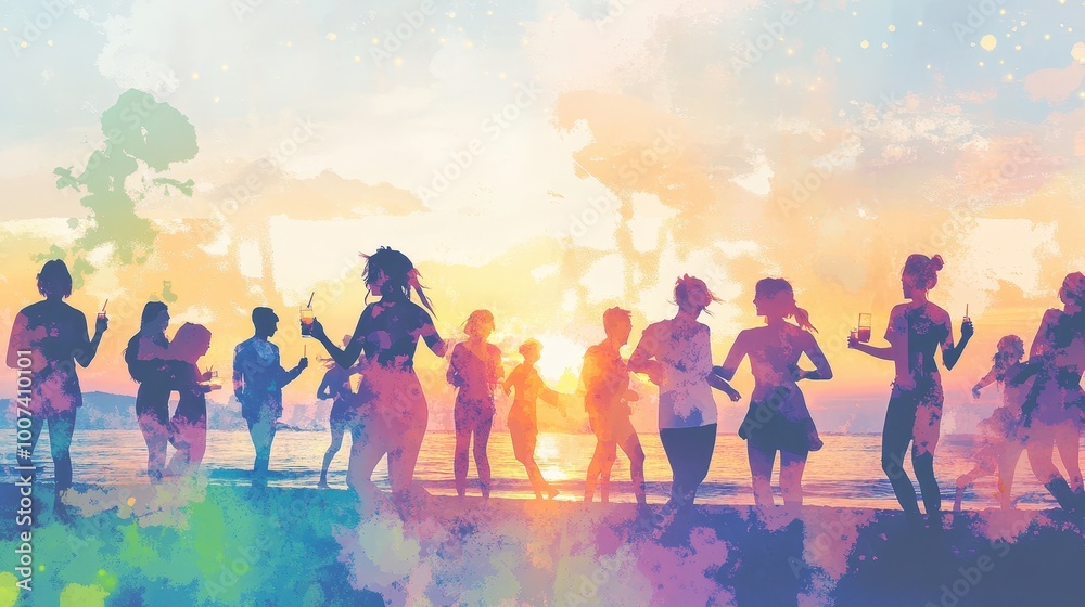 Sunset Beach Party: Vibrant Double Exposure of Young People Celebrating with Drinks - Print Template Illustration Sunset Beach Party: Vibrant Double Exposure of Young People Celebrating with Drinks - Print Template Illustration