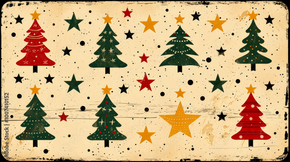 A vibrant collection of Christmas trees in red, green, and yellow, accompanied by stars and circles on a textured background, celebrating the festive spirit of the holiday season.