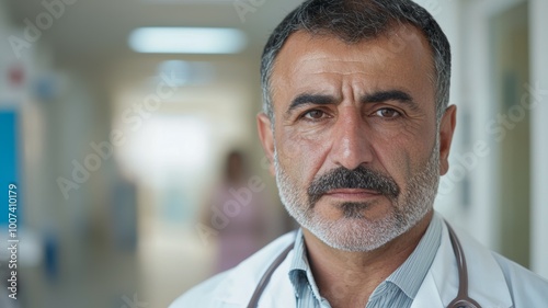 A man with a white coat and a beard is standing in a hallway