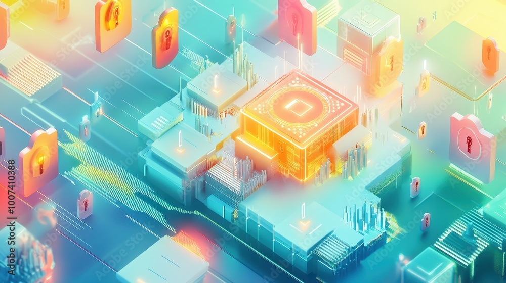 Obraz premium Cybersecurity Fortress: Stylized Blockchain Structure Surrounded by Digital Locks and Shields in a Secure Pastel-toned Environment with Cinematic Lighting