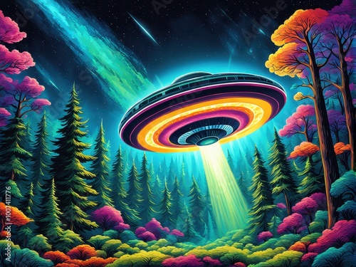 A vibrant UFO hovers above a colorful forest, illuminated by a beam of light. photo