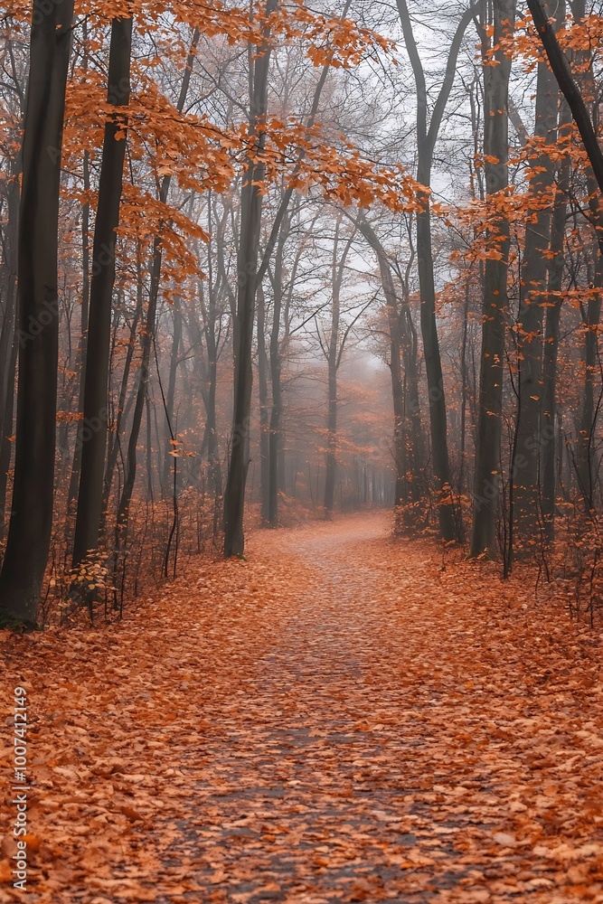 Fototapeta premium Foggy Forest Path with Autumn Leaves